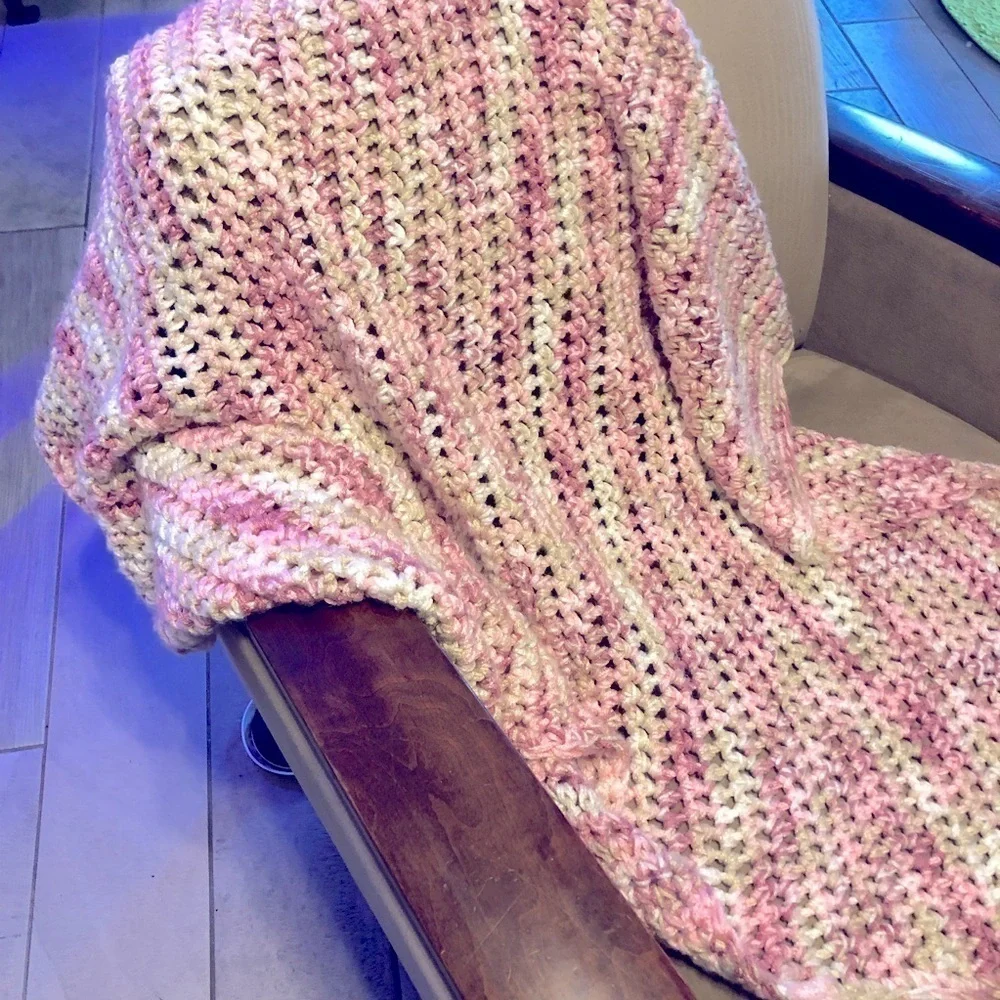 Hand Crochet Afghan/Throw/Baby Blanket Pink/White/Cream 38” x 34”